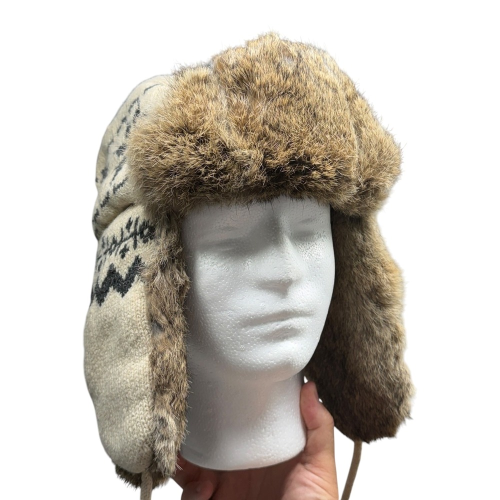 Paul Winlund Crowncap Trapper Hat Real Rabbit Fur Wool Nordic Snowflake Cream